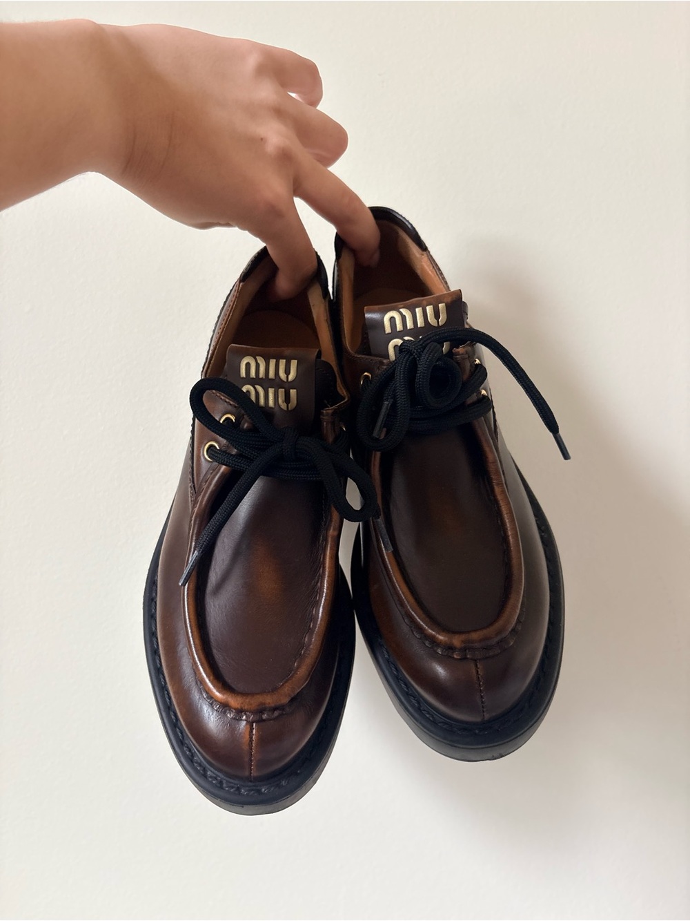 Miu Miu Dark Brown Leather Lace-Up Slip-On Loafers with Black Soles